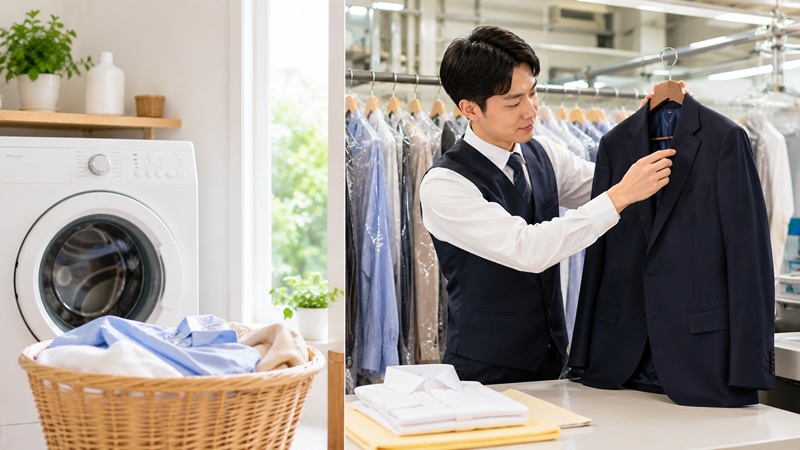 家庭洗濯とクリーニングの違いをイメージした比較シーン