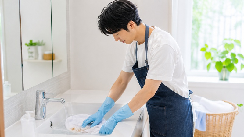衛生的な理由で衣類を予洗いする日本人男性